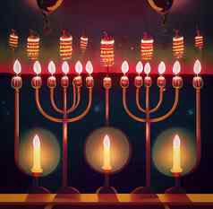 插图犹太人假期光明节背景烛台燃烧蜡烛光明节庆祝活动