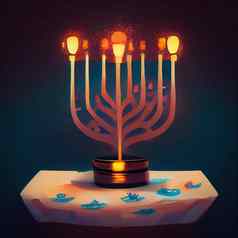 插图犹太人假期光明节背景烛台燃烧蜡烛光明节庆祝活动