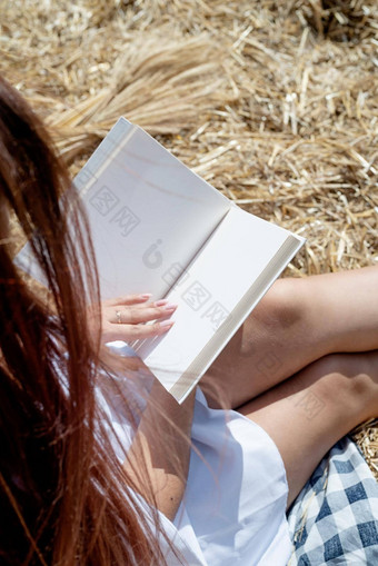 年轻的女人白色衣服坐着干草堆收获场阅读空白<strong>书书模型</strong>