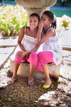 姐妹分享秘密女孩窃窃私语双胞胎姐妹耳朵他们坐着
