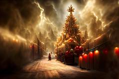 奇怪的晚上克里斯特马斯街背景圣诞节云杉树雪公平摊位神经网络生成的艺术