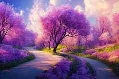 幻想背景魔法森林路美丽的春天景观淡紫色树