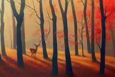 景观绘画鹿红色的秋天森林