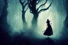 深仙女森林轮廓女巫魔法魔杖