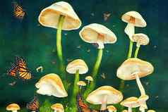 仙女蘑菇色彩斑斓的花君主蝴蝶飞行