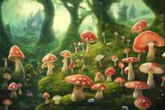 高细节幻想场景神奇的仙女蘑菇