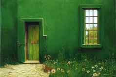绿色通过童话小屋轮窗口