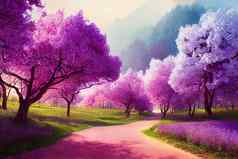 幻想背景魔法森林路美丽的春天景观淡紫色