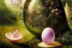 仙女演讲年轻的女孩神秘花园持有大蛋