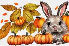 小可爱的兔子南瓜秋天装饰水彩插图