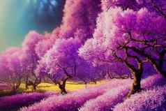 幻想背景魔法森林美丽的春天景观淡紫色树