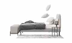 双床上地毯噗灯白色背景孤立的飞行枕头行动一边视图灰色的白色床上用品现代室内设计元素卧室家具减少渲染
