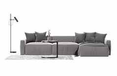 灰色的沙发地毯咖啡表格站灯白色背景孤立的前面视图生活房间家具现代室内设计元素减少呈现
