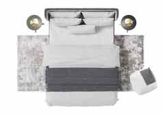 双床上地毯噗灯白色背景孤立的前视图灰色的白色床上用品现代室内设计元素卧室家具减少呈现