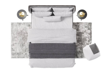 双床上地毯噗灯白色背景孤立的前视图灰色的白色<strong>床上用品</strong>现代室内设计元素卧室<strong>家具</strong>减少呈现