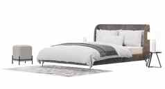 双床上地毯噗灯白色背景孤立的一边视图灰色的白色床上用品现代室内设计元素卧室家具减少呈现