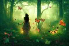 幻想世界魔法森林美丽的蝴蝶阳光照射的