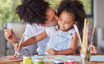 有创意的艺术妈妈。绘画孩子色彩斑斓的油漆油漆刷纸创造力爱护理快乐妈妈女孩爱好教育项目首页