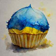 黄色的蓝色的水彩蛋糕美味的香草蛋糕奶油