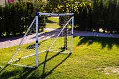 孩子们的培训足球目标草坪上足球场填满叶子森林公园叶子纠结的网