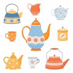 集色彩斑斓的茶壶杯简单的卡通风格