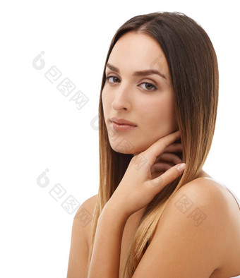 肖像无忧无虑的信心华丽的年轻的女人光滑的皮肤华丽的头发孤立的白色背景