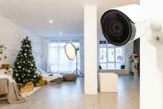 关闭对象拍摄现代无线网络监测相机白色墙舒适的公寓