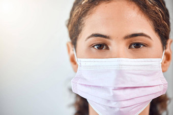 科维德脸面具女人肖像愿景信任医院诊所医疗保健工作室模拟年轻的护士创新合规安全恐惧风险电晕病毒镜头耀斑