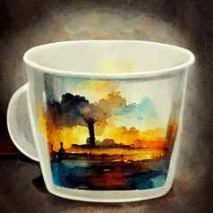 水彩画陶瓷杯热咖啡牛奶卡布奇诺咖啡