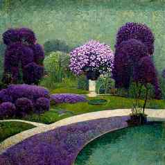 淡紫色花园美丽的花美自然美丽的淡紫色布什水彩风格