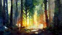 可爱的魔法彩色的模糊多雾的森林树说明摘要散景光