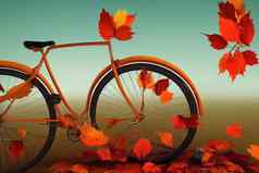 橙色自行车到达下降干叶子绿色