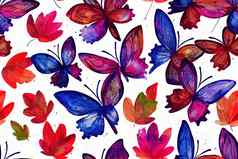花无缝的模式飞行蝴蝶色彩斑斓的叶子