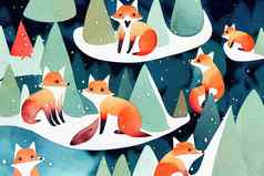 可爱的狐狸冬天森林幼稚的水彩插图