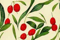 水彩Herbal模式红色的浆果绿色叶子