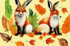 水彩插图狐狸兔子毛兔子有趣的