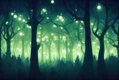 晚上神奇的幻想森林森林景观霓虹灯神奇的灯