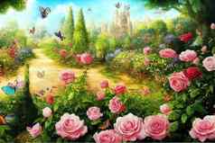 美丽的夏天景观仙境神奇的神秘的花园玫瑰