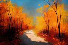 秋天森林橙色叶子原始景观绘画石油