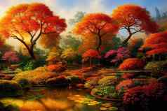 幻想艺术作品东方秋天花园美丽的色彩斑斓的