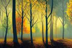 秋天森林黄色的橙色树叶