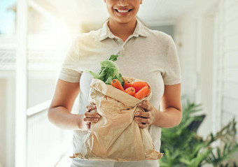 健康的食物交付蔬菜棕色（的）杂货店纸袋清洁素食主义者饮食新鲜的有机成分手女人站首页<strong>营养素</strong>食者健康女