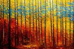 石油绘画色彩斑斓的秋天树半摘要图像