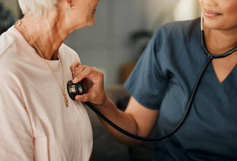 心脏病学咨询医生高级女人咨询医疗保健生活房间沙发退休首页手护士听诊器帮助上了年纪的病人医疗服务