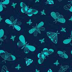 晚上飞蛾无缝的模式涂鸦风格晚上蝴蝶叶子花黑暗蓝色的背景