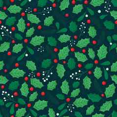 无缝的圣诞节模式冬青叶子冷杉分支机构绿色叶子浆果黑暗绿色背景