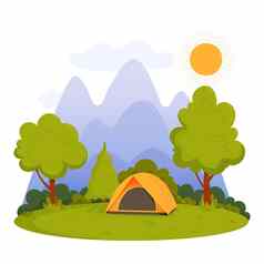 夏天野营阳光明媚的一天景观帐篷山森林太阳