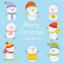集可爱的圣诞节雪人平向量插图冬天户外活动孩子们快乐的雪人服装光蓝色的背景