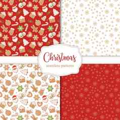 集无缝的圣诞节模式雪花姜饼饼干红色的白色背景