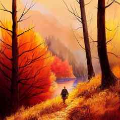 徒步旅行秋天山水彩画